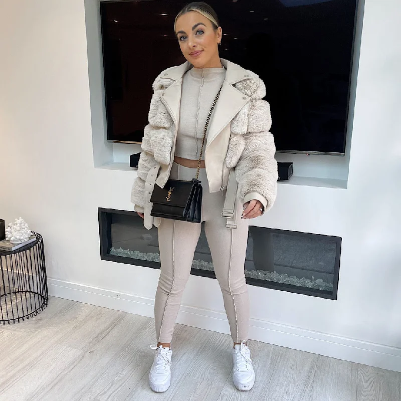 Bianca Beige Double Belt Faux Fur Coat