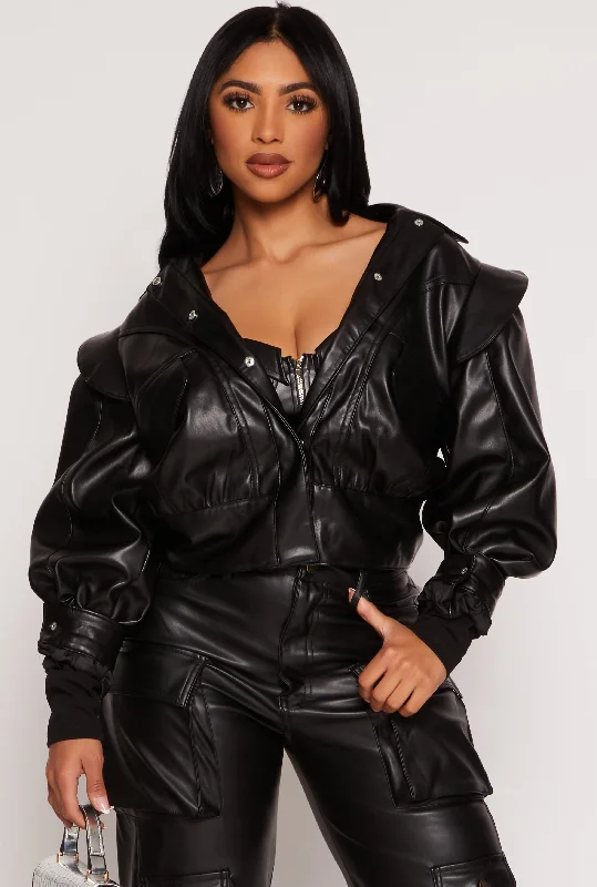 Faux Leather Puff Sleeve Cropped Jacket