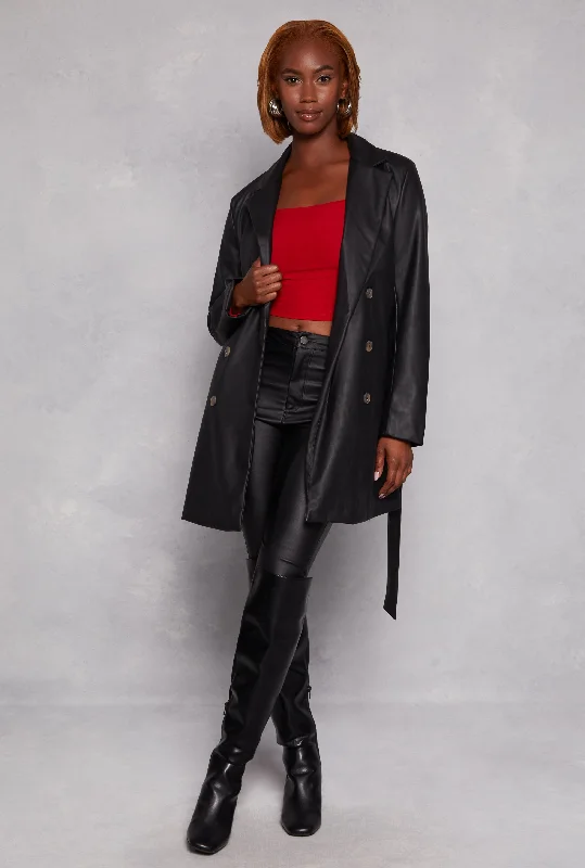 Faux Leather Tie Waist Belted Coat