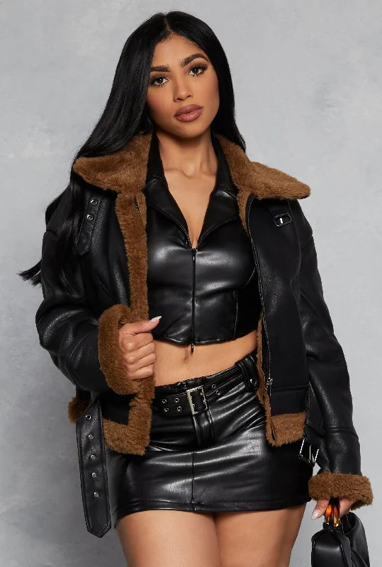 Faux Leather Faux Fur Lined Moto Jacket