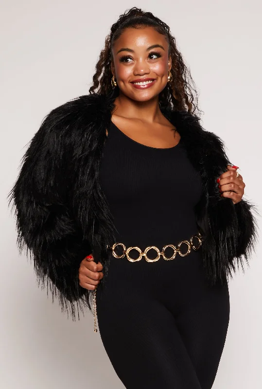 Plus Size Cropped Shaggy Faux Fur Jacket