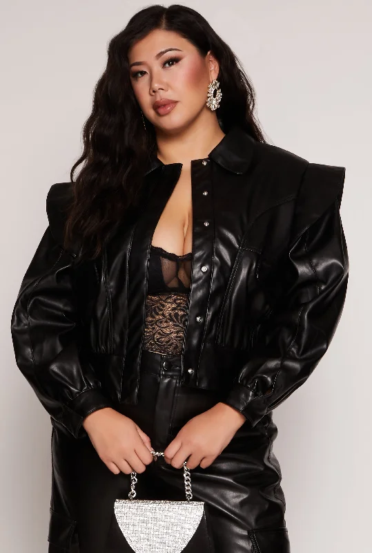 Plus Size Faux Leather Snap Button Front Jacket