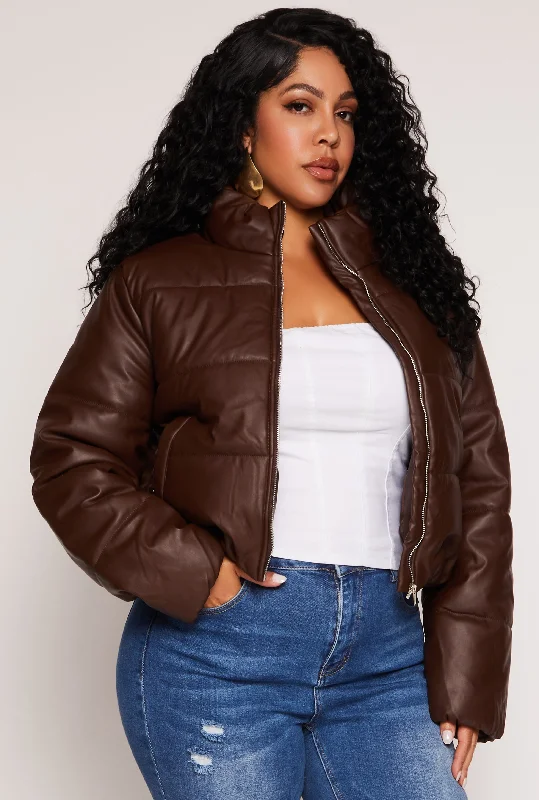 Plus Size Faux Leather Zip Front Long Sleeve Puffer Jacket