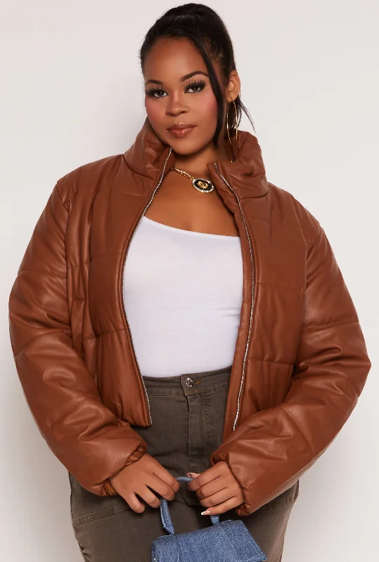 Plus Size Faux Leather Zip Front Long Sleeve Puffer Jacket