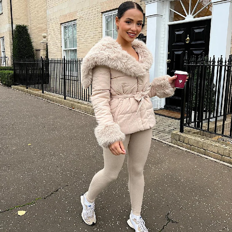 JORDANNA Beige Faux Fur Cuff & Collar Hooded Coat