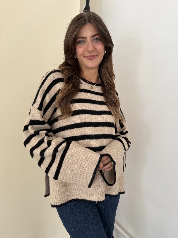 Lydia Striped Knit Pullover Sweater (Tan)