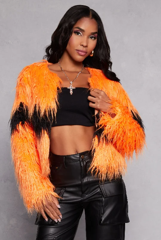 Chevron Detail Shaggy Faux Fur Jacket