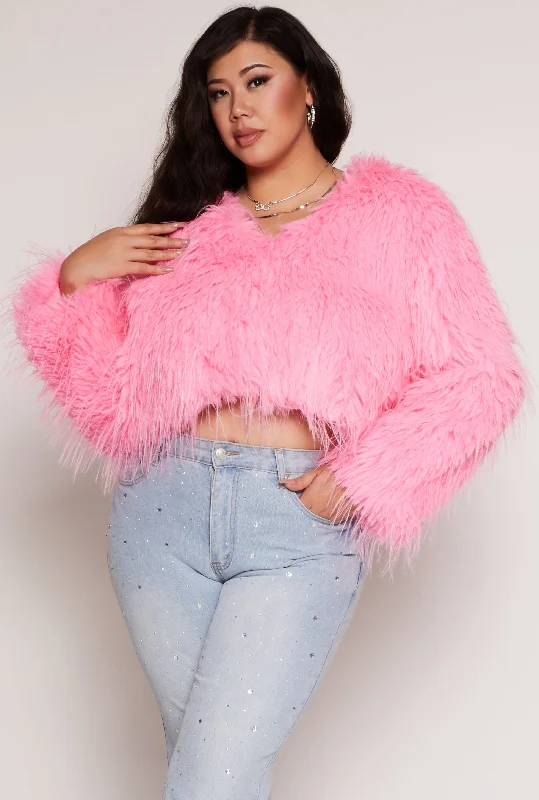 Plus Size Cropped Shaggy Faux Fur Jacket