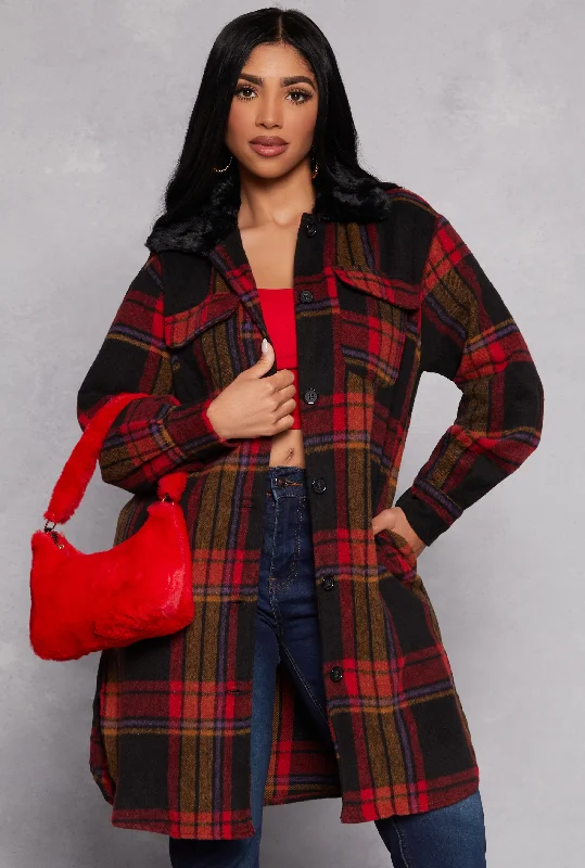 Spoon Jeans Faux Fur Collar Plaid Shacket