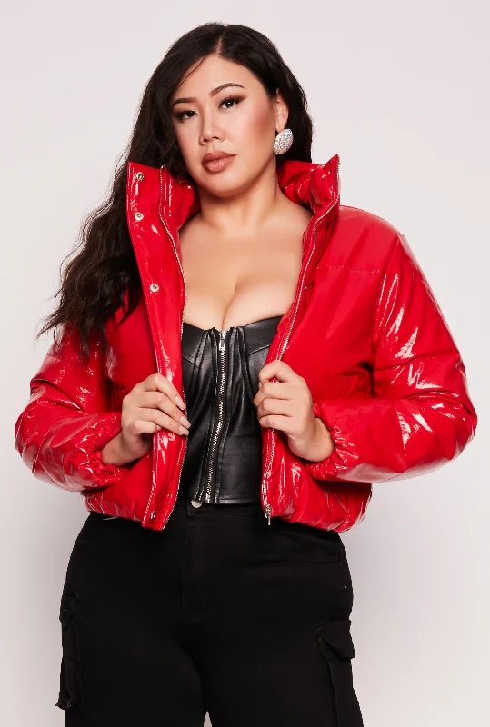 Plus Size Faux Patent Leather Puffer Jacket