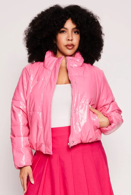 Plus Size Faux Patent Leather Puffer Jacket