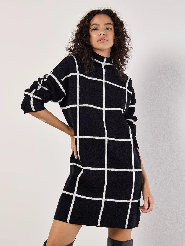 Windowpane Sweater Dress in Black