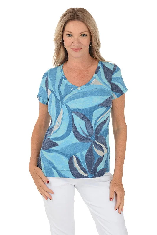 Lapis Swirling Petals V-Neck Tee